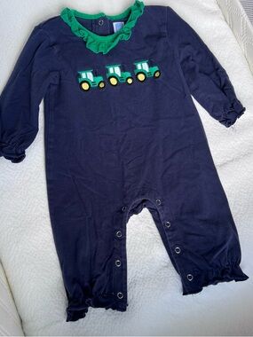 Trotters Navy One-Piece with Green Tractor Appliqués